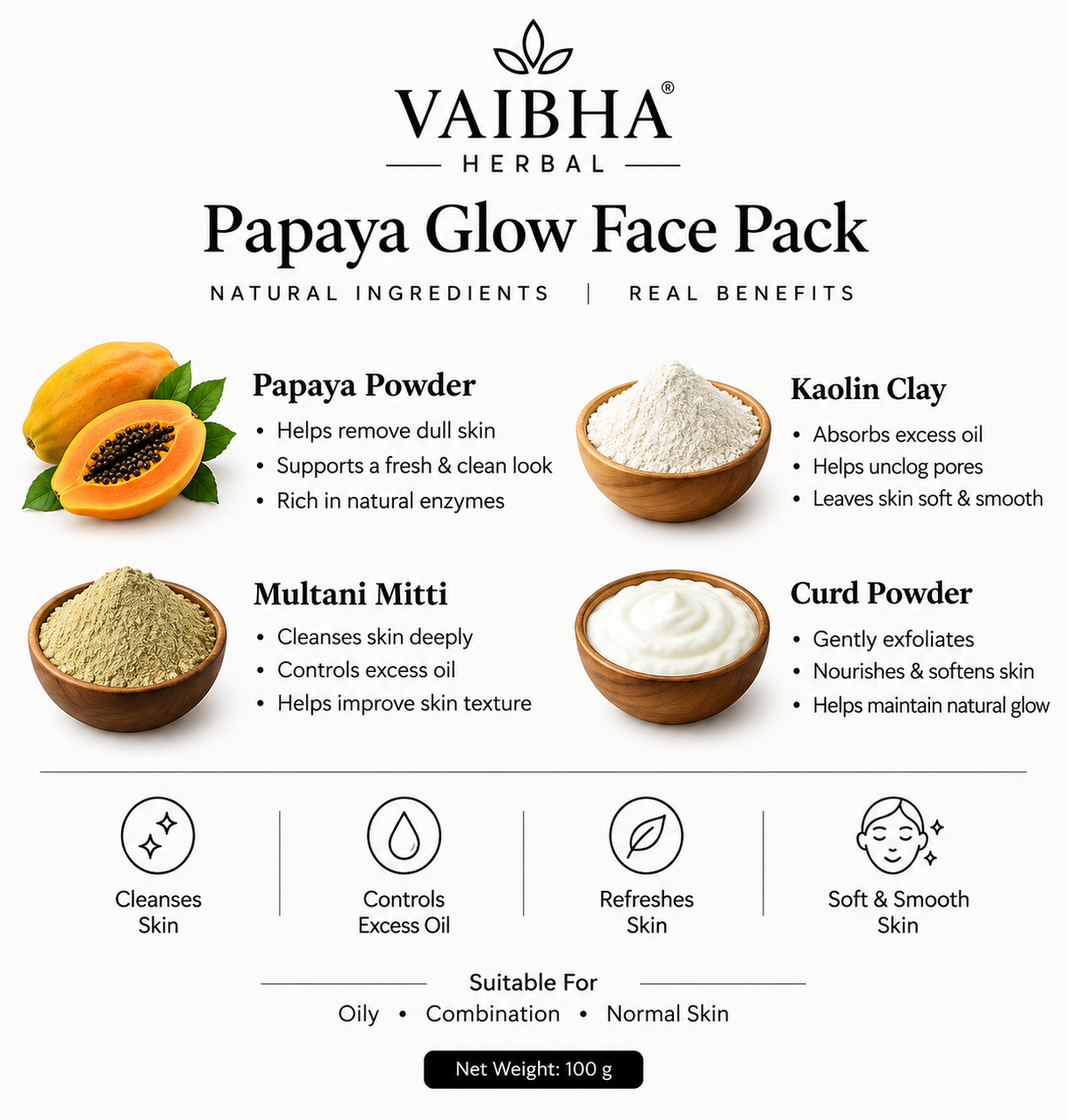 Vaibha Herbal Papaya Glow Face Pack Powder – For Oily, Combination & Normal Skin