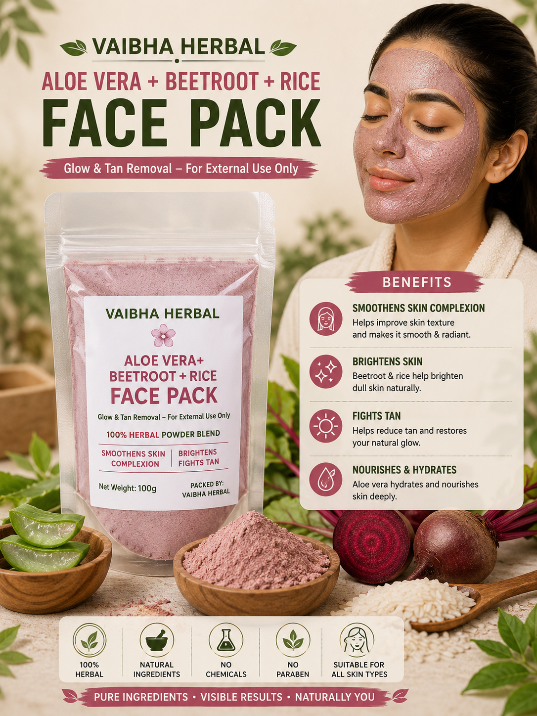 Vaibha Herbal Aloe Vera, Beetroot & Rice Face Pack Powder | Brightening & Glow Care